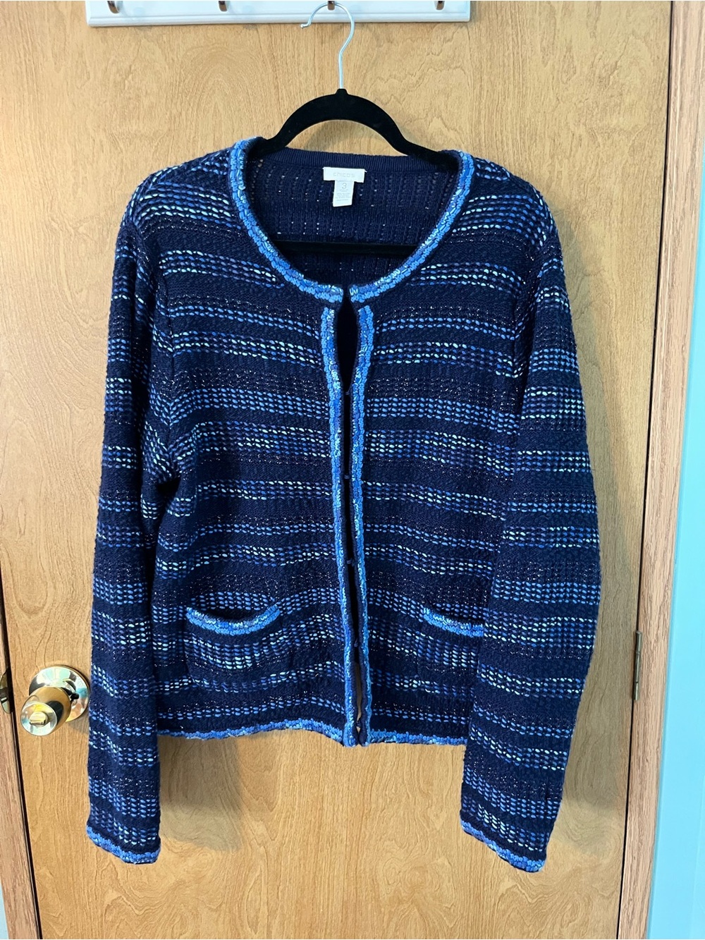 Chico's Cassie Cardigan Sweater Midnight Blue Tweedy Stripe Size 3 = XL EUC